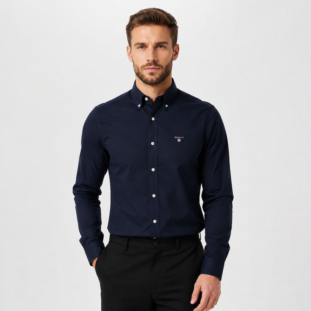 Gnt Button-Down Collar Shirt (Chest Logo) - Navy Blue