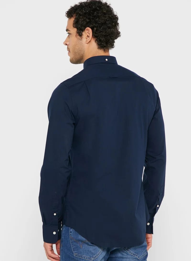 Gnt Button-Down Collar Shirt (Chest Logo) - Navy Blue